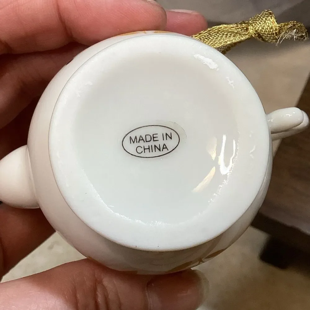 Mini Teapot Ornament Set 5 Porcelain Hanging Teapots Cream with Gold Trim
